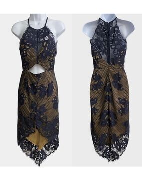 L'Atiste Front Cutout Lace Overlay Midi Dress Women's Size S Blue Cream Halter
